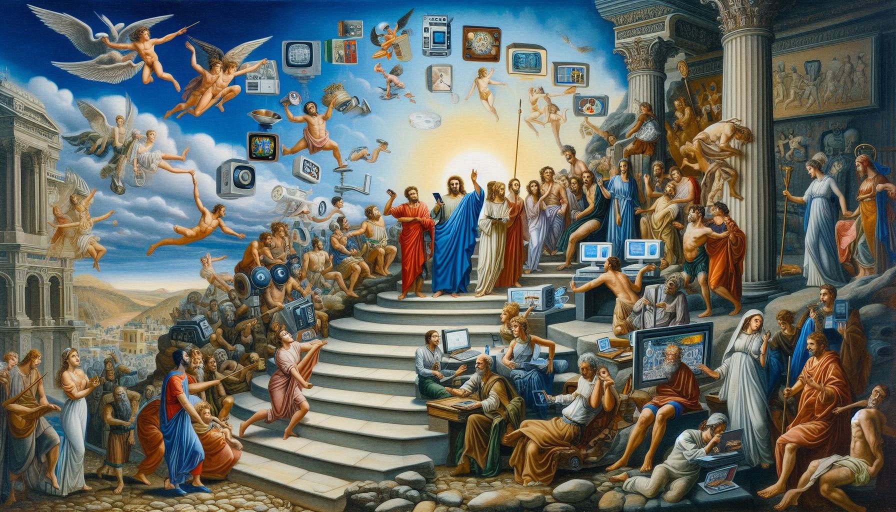 Komplexes Bild, dass antike Darstellungen mit modernen Medien vereint.